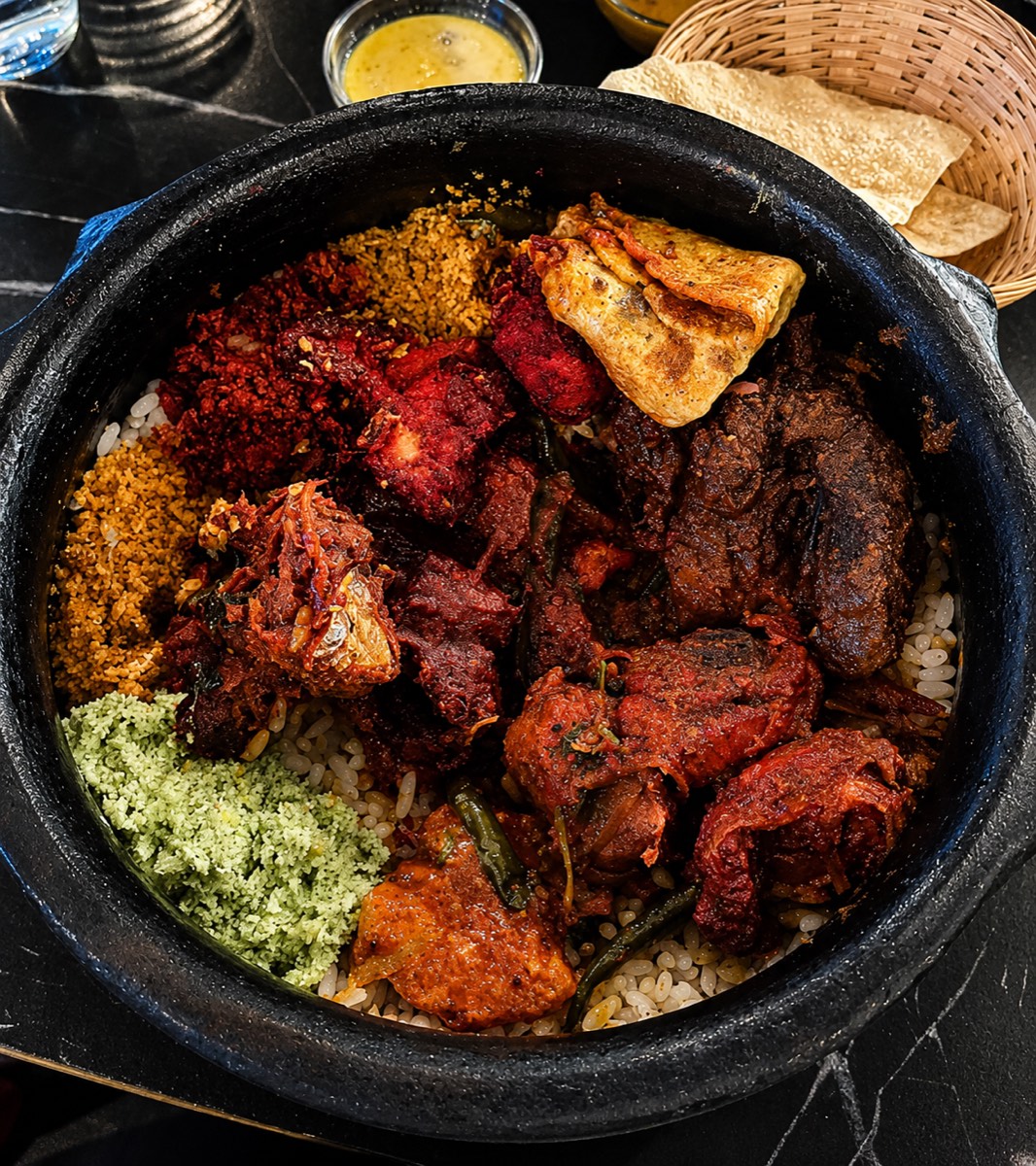 A black claypot piled with an unlimited Kerala meal at Chai Kadai — red chicken and beef roast, fish, egg, coconut and green chutneys over rice, with poppadoms